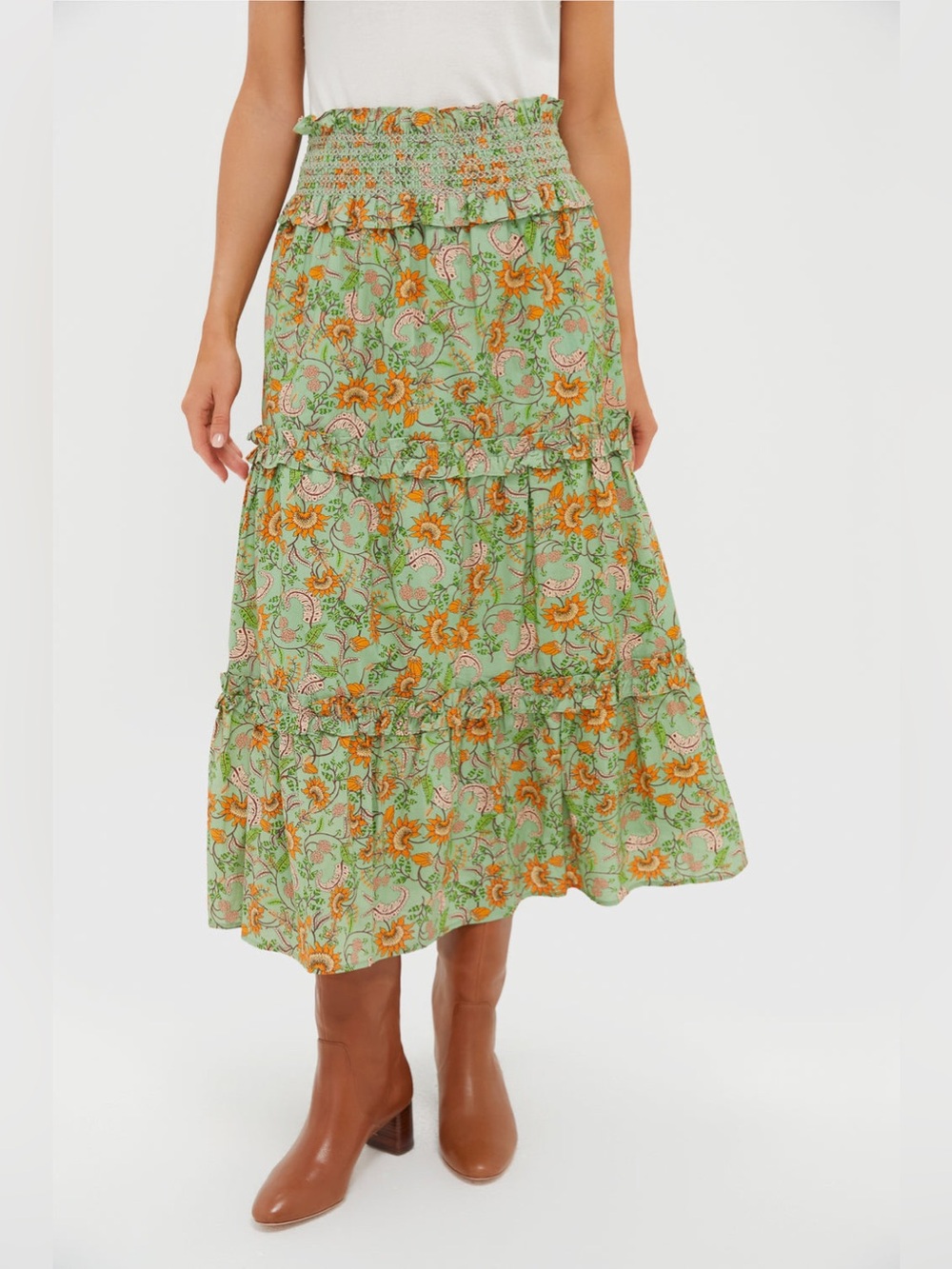 Tuckernuck Hyacinth House Mint & Orange Floral Smocked Odette Midi Skirt